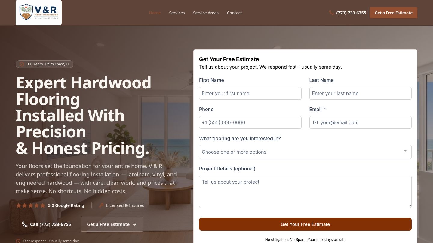 V & R Affordable Flooring homepage screenshot