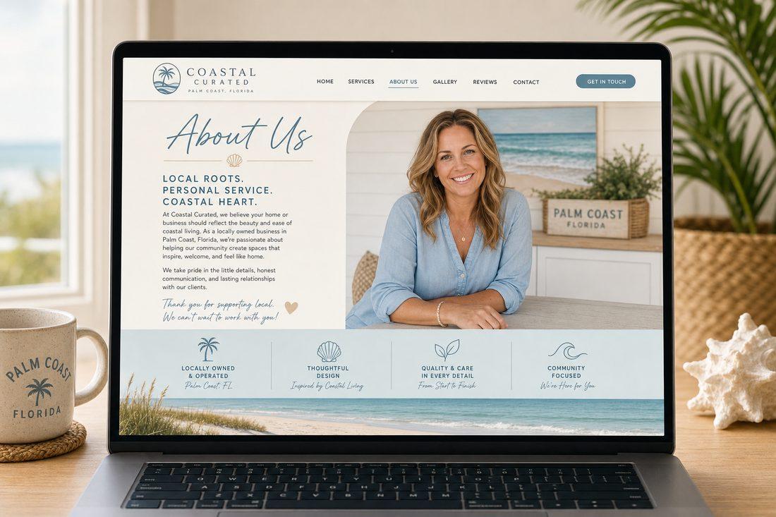 Warm About Us website page with a friendly portrait photo area, your local area coastal vibe, clean modern layout, soft lighting