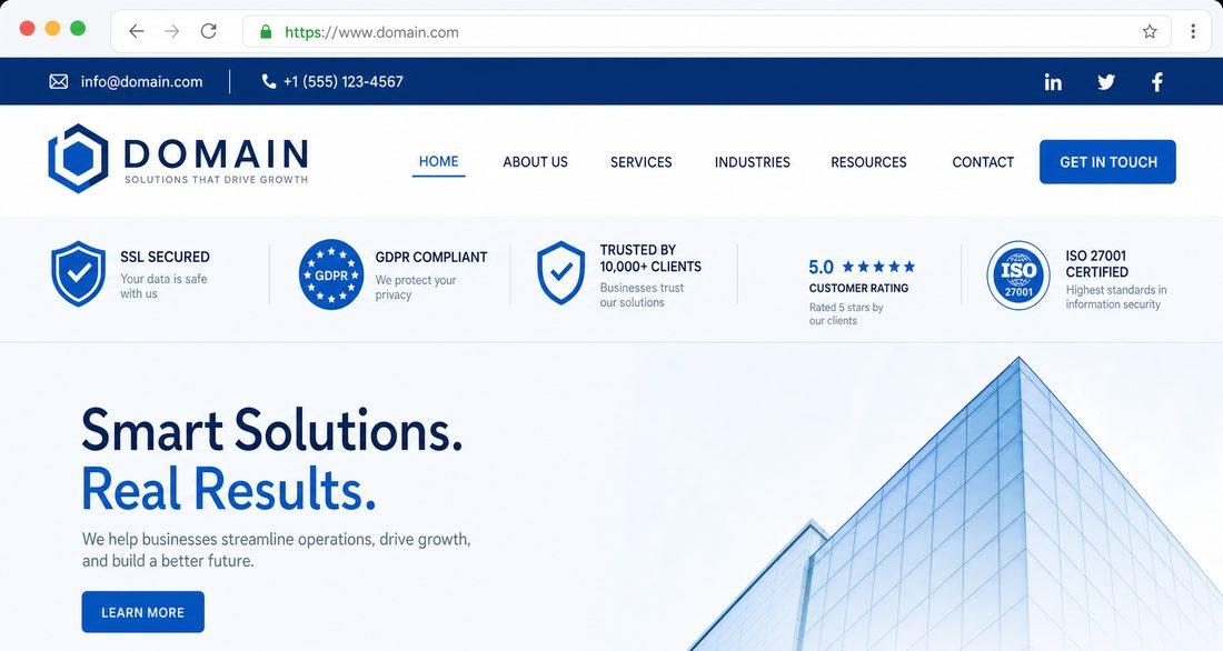 Professional branded email address shown on a clean website header, lock icon for HTTPS, credibility badges, minimal design