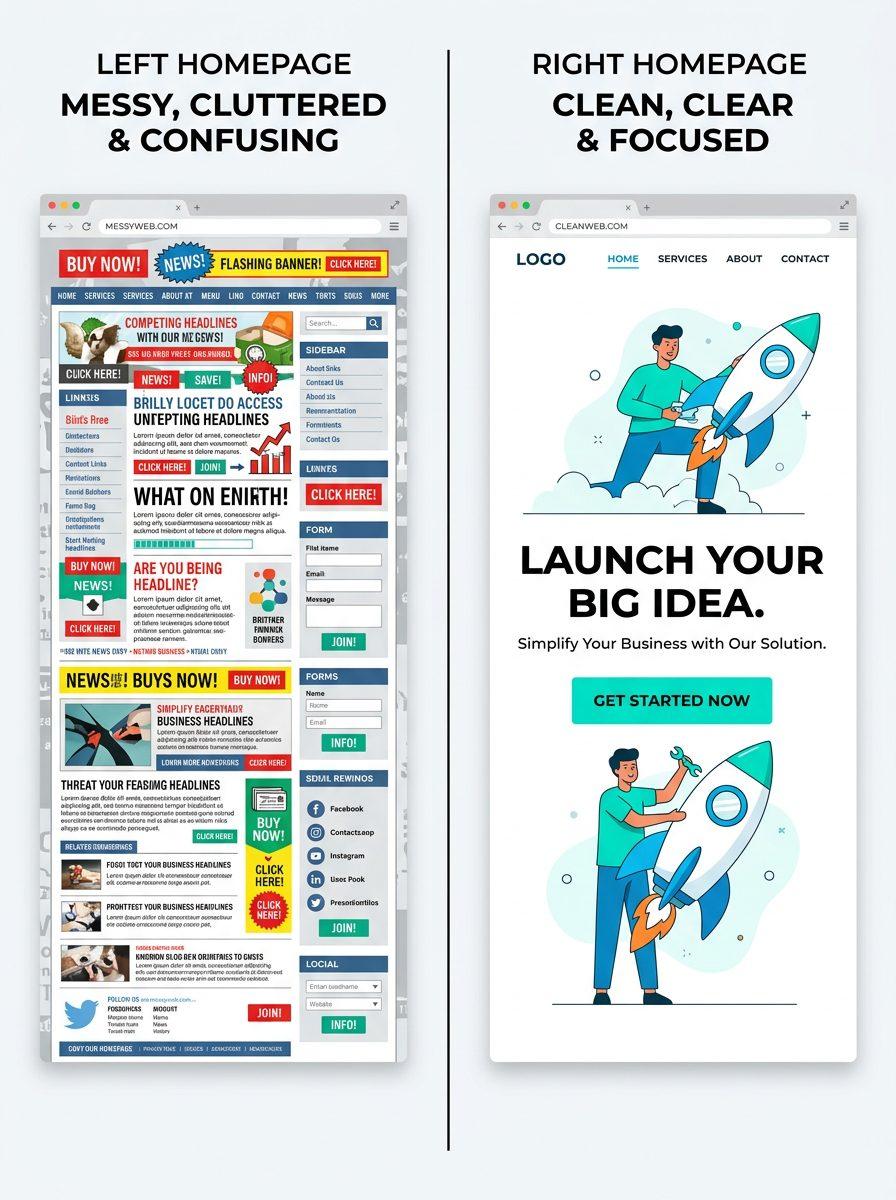 Two business websites side by side — one confusing with no clear message, one clear with a big headline and prominent CTA — simple visual comparison
