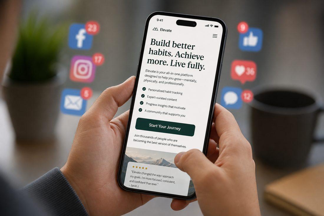 Person scrolling a clean modern website on a phone with bullet points and a clear CTA, social media distractions blurred in the background