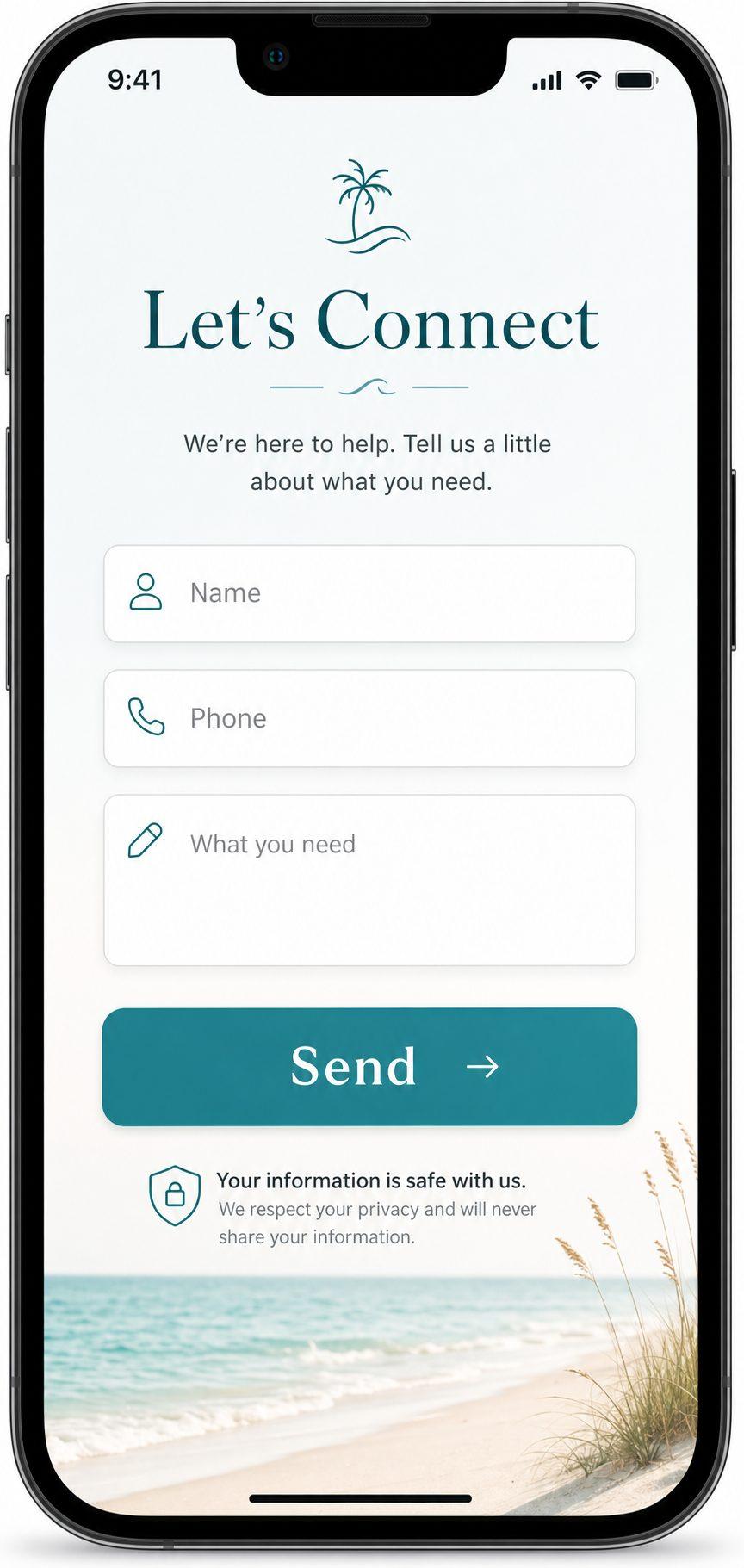 Minimal modern contact form on a smartphone with only 3 fields and a large ‘Send’ button in clean Florida coastal colors