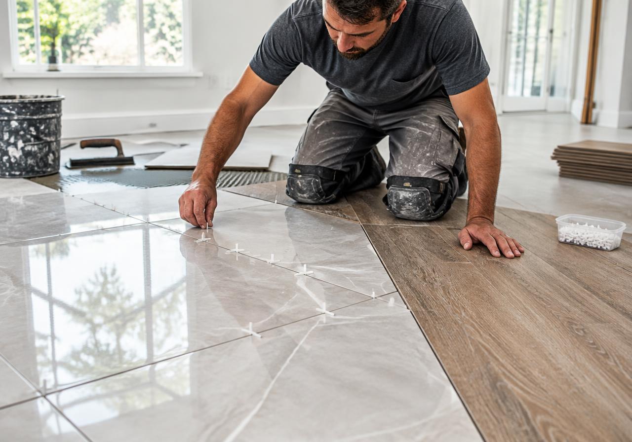 Flooring contractor installing tile and wood-look plank flooring