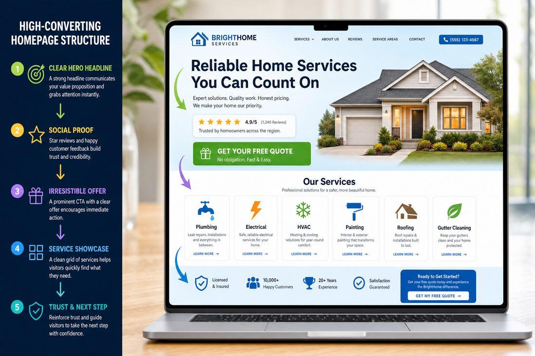 Clean high-converting homepage layout displayed on a laptop, showing headline, proof section, and clear call to action