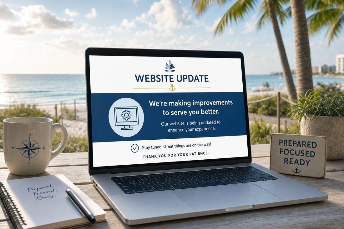 Florida coastal scene with a calm website update banner concept on a laptop preparedness vibe clean professional