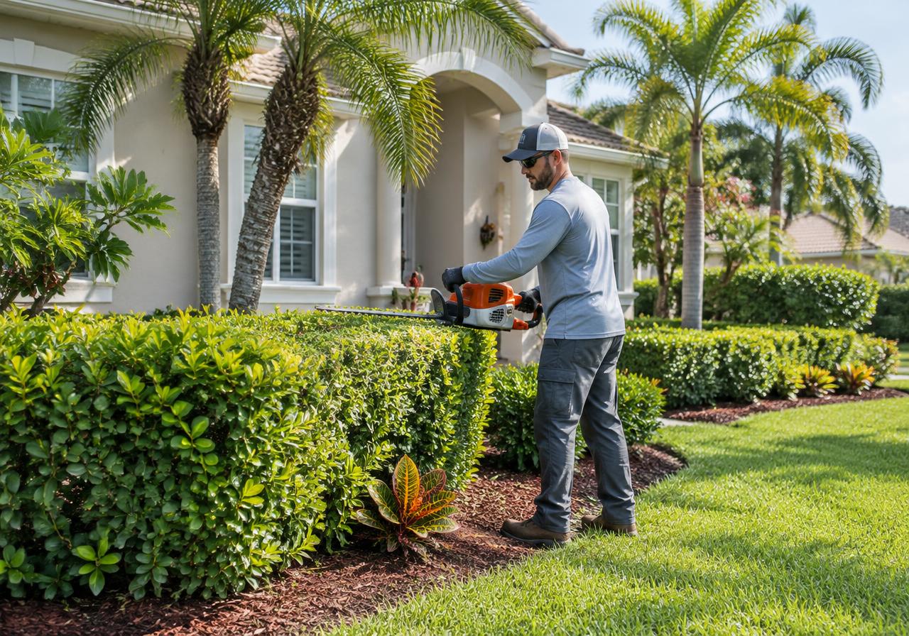 Landscaper trimming hedges in front of a well-kept Florida home