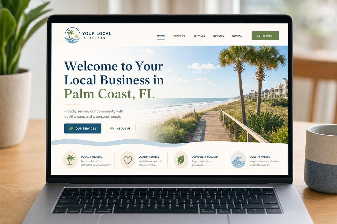 Clean modern local business website hero section with subtle Palm Coast Florida imagery including palm trees and coastline, headline includes Palm Coast FL