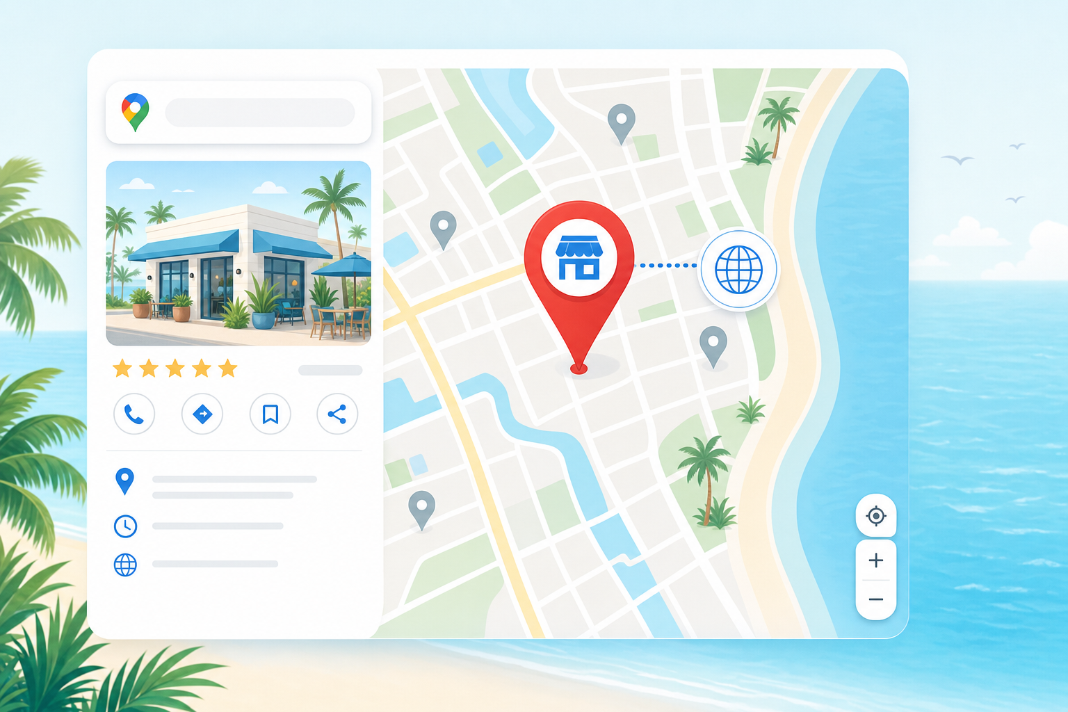Google Maps interface highlighting a local local business listing connected to its website