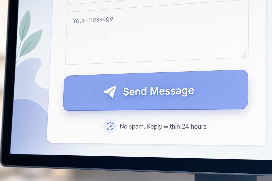 Close-up of a website contact form with reassuring microcopy under the button reading ‘No spam. Reply within 24 hours.’ — clean modern UI
