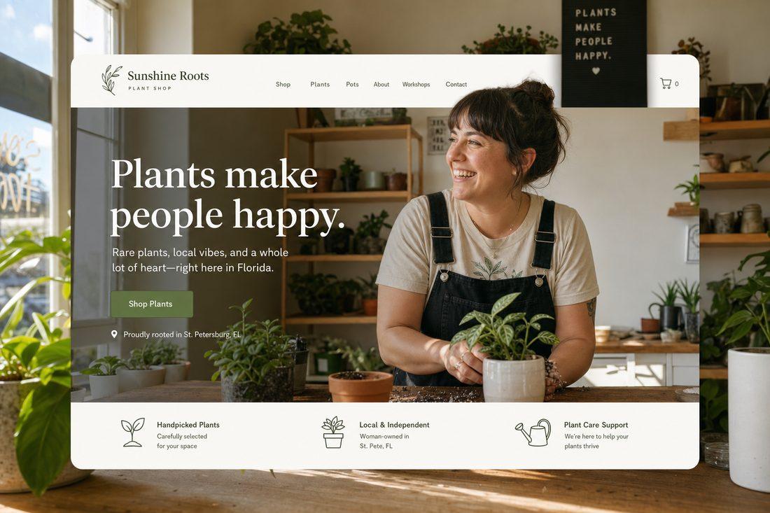 Real local small business owner smiling naturally in their workspace, shown alongside a clean website hero section