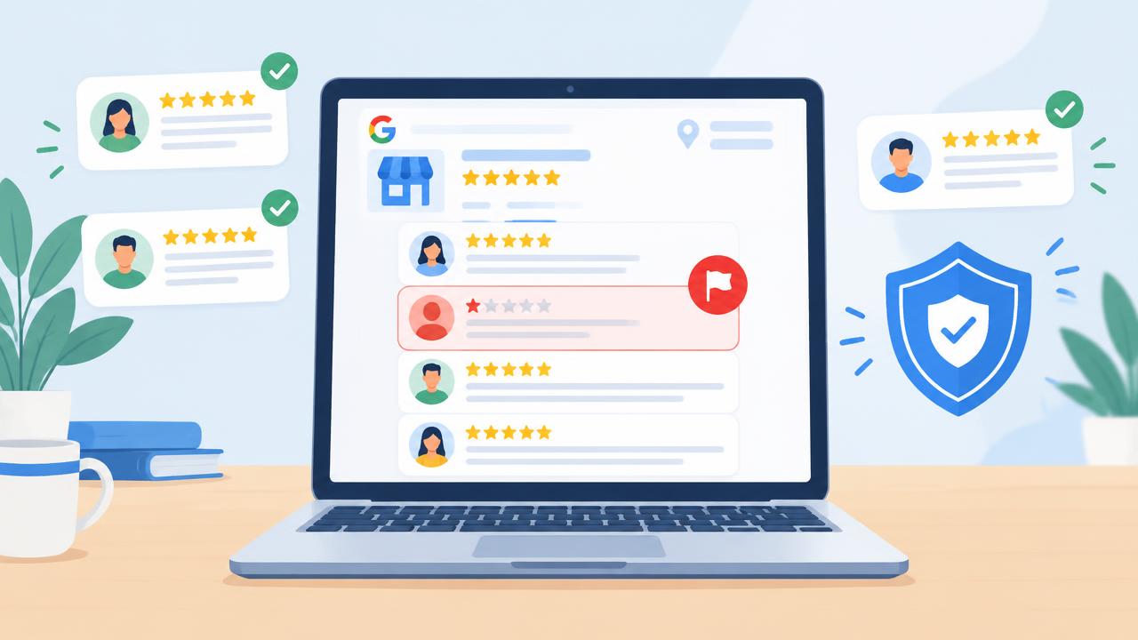 Illustration of a Google Business Profile review page with a flagged one-star review surrounded by positive five-star reviews and a reputation shield