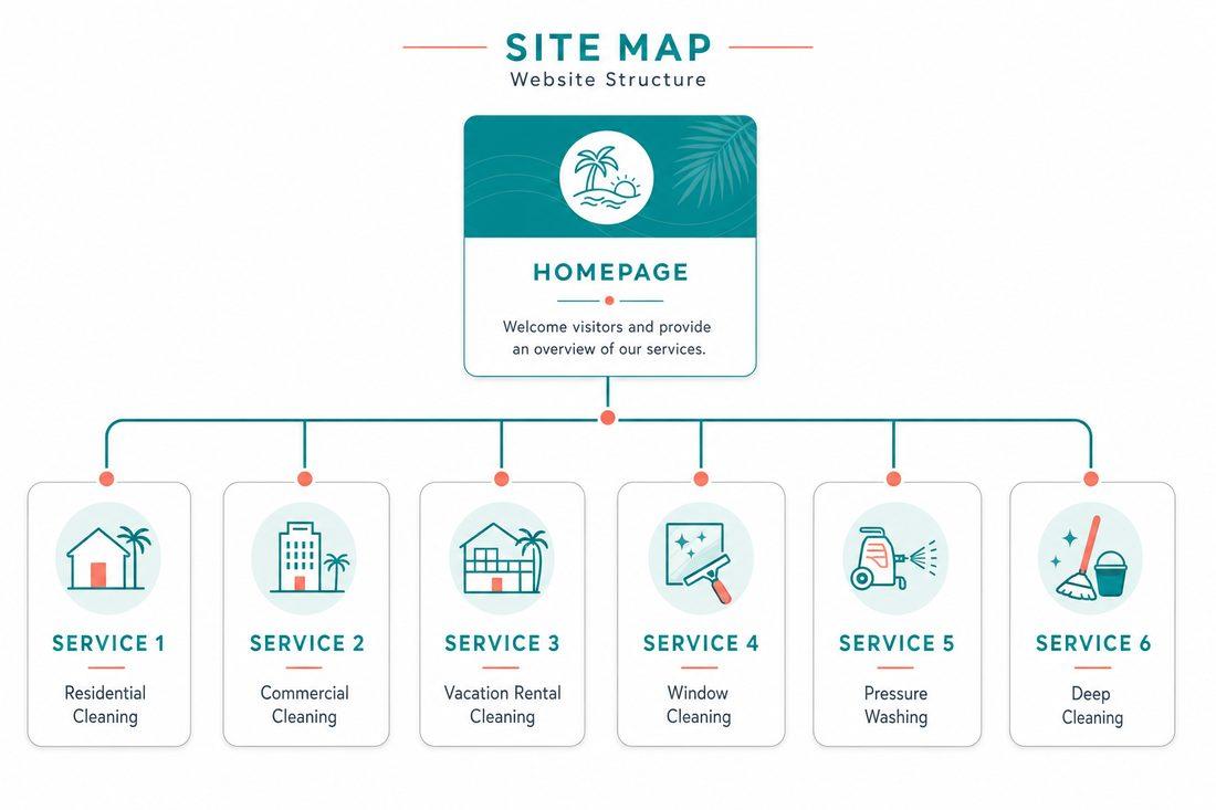 Site map diagram showing a homepage branching into multiple individual service pages with clean lines and subtle Florida accent colors