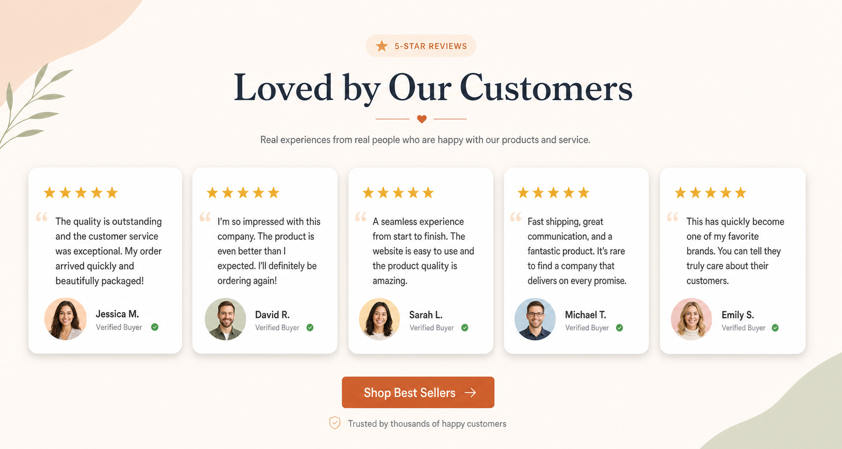 Clean website section displaying five-star customer review cards with short quotes