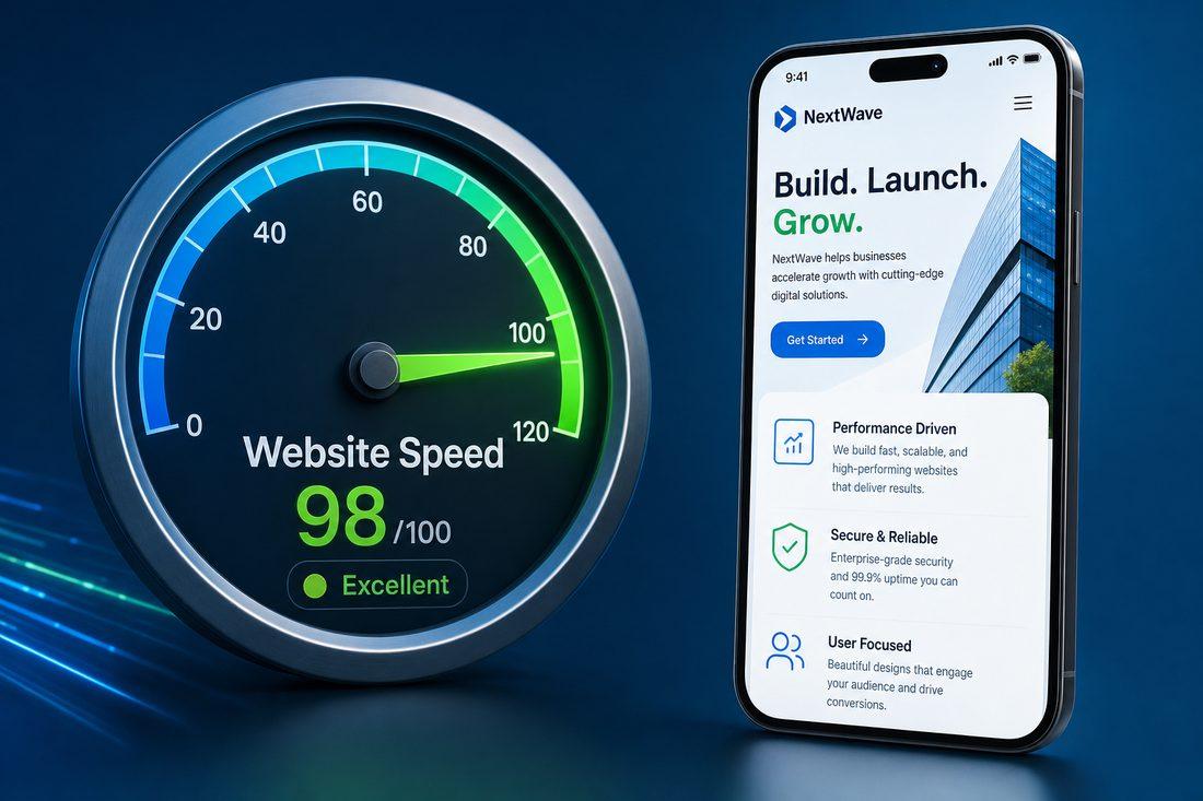 Speedometer gauge labeled ‘Website Speed’ moving into the green zone beside a smartphone showing a local business website