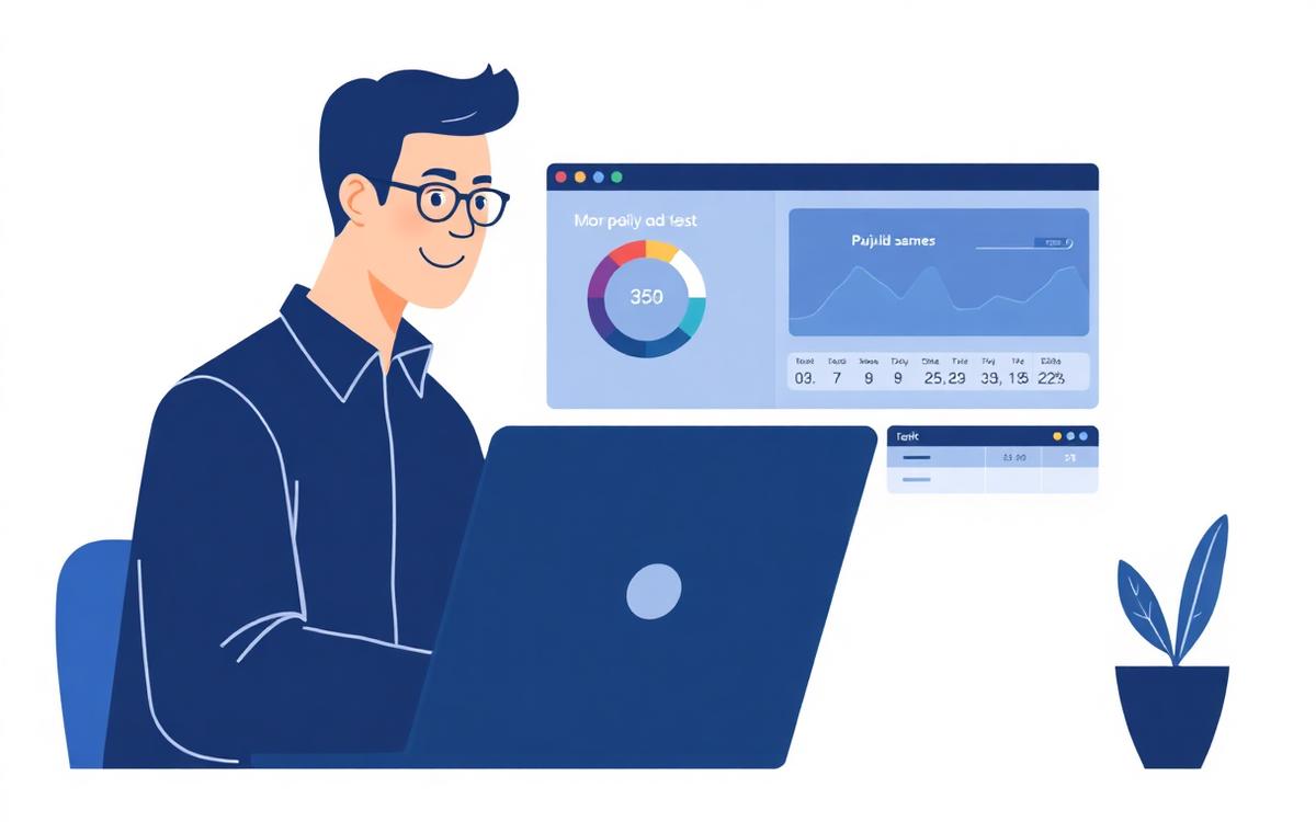 Local business owner reviewing a small paid ad test on a laptop with a modest daily budget and early performance signals.