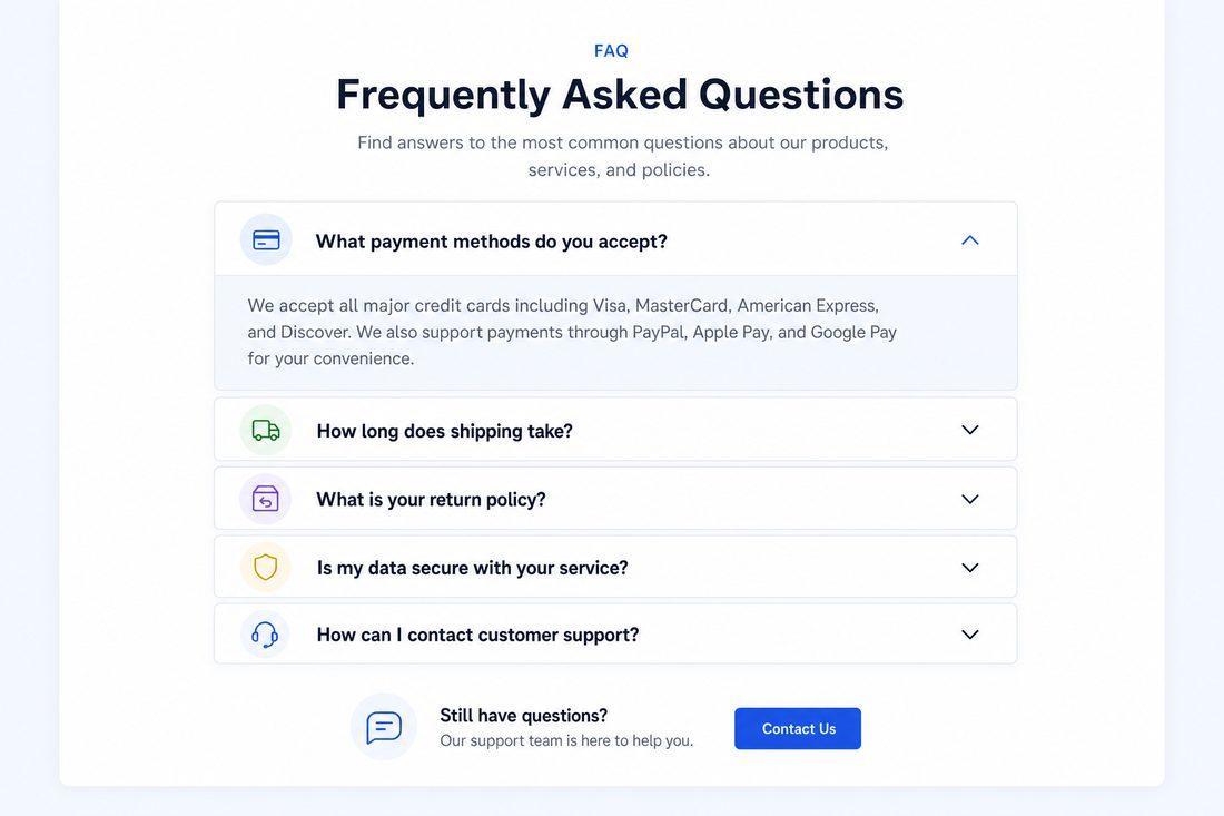 Website FAQ accordion section open with clear questions and answers, friendly icons, modern UI, clean typography