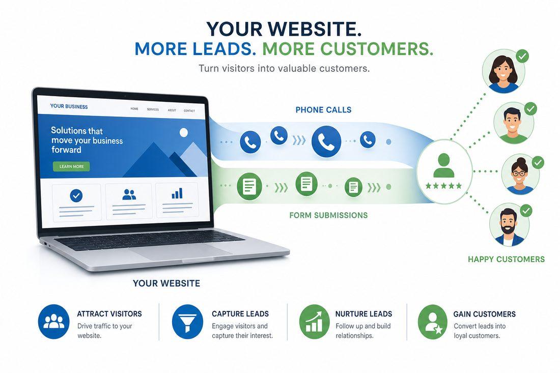 Website transforming into a pipeline of leads with icons of phone calls and form submissions flowing from a laptop, clean business infographic style