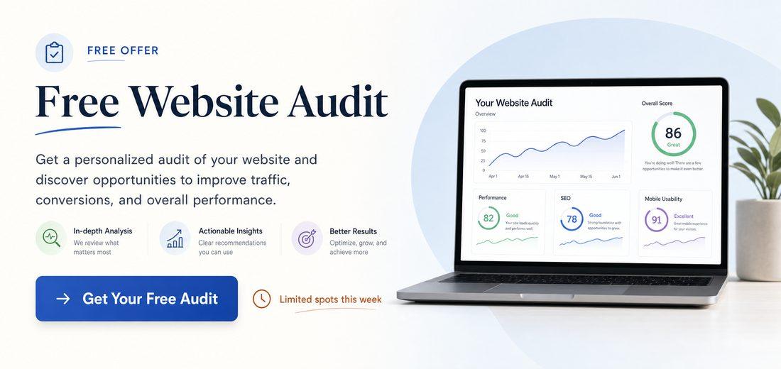 Website banner with Free Website Audit offer and subtle urgency limited spots this week clean modern layout friendly colors