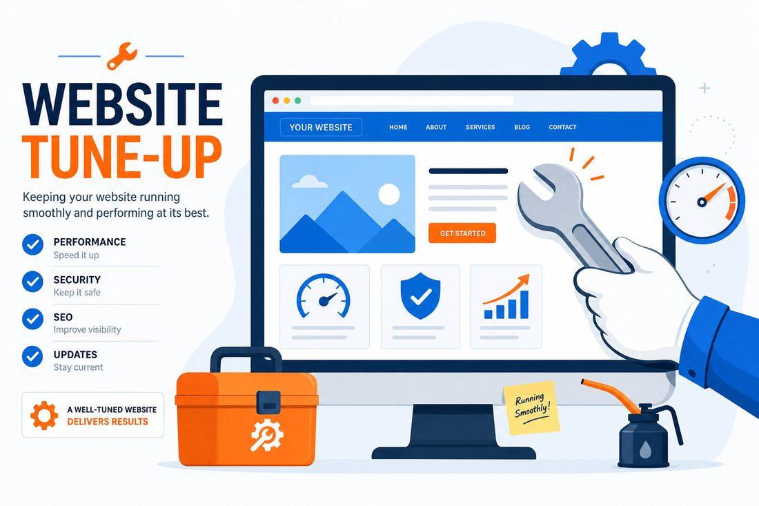 Mechanic-style website tune-up concept showing a wrench icon adjusting a website UI clean modern illustration professional